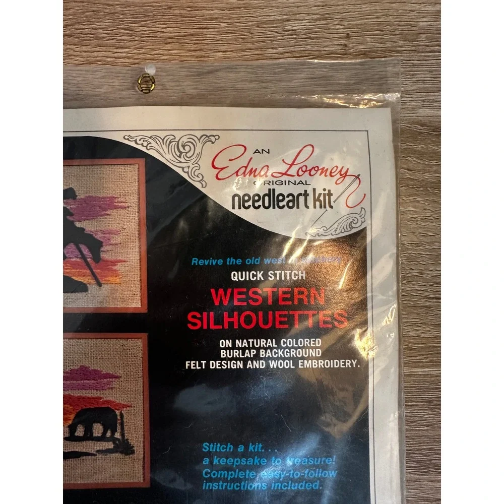 Vintage Edna Looney Original Needleart Kit Western Campfire Silhouette Wool Rare